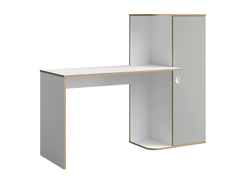 Bureau enfant ELYO – Avec colonne de rangement et 4 niches – Gris, blanc & chêne clair – 160x129x53 cm