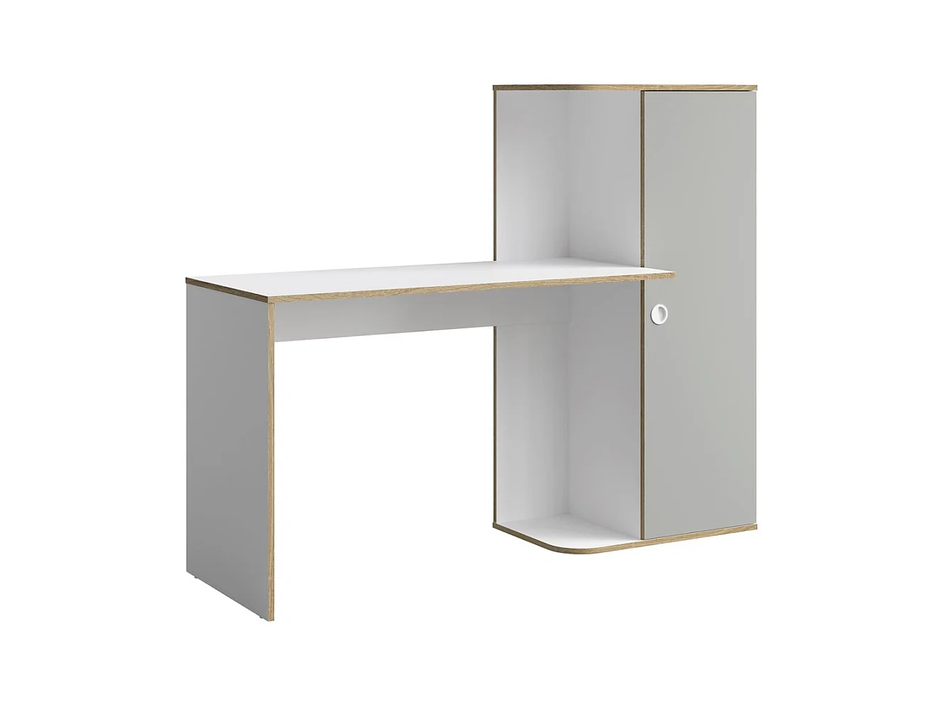 Bureau enfant ELYO – Avec colonne de rangement et 4 niches – Gris, blanc & chêne clair – 160x129x53 cm