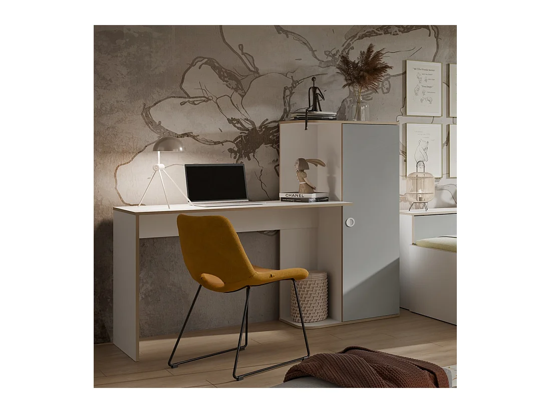 Bureau enfant ELYO – Avec colonne de rangement et 4 niches – Gris, blanc & chêne clair – 160x129x53 cm