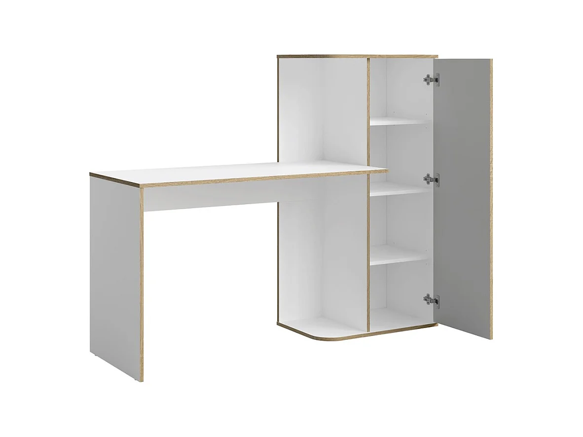 Bureau enfant ELYO – Avec colonne de rangement et 4 niches – Gris, blanc & chêne clair – 160x129x53 cm