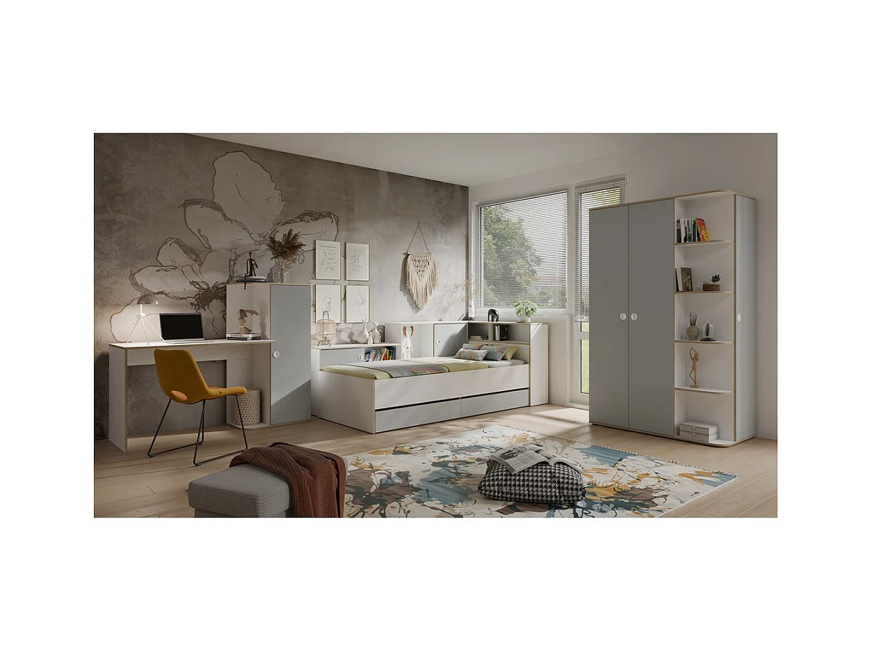 Bureau enfant ELYO – Avec colonne de rangement et 4 niches – Gris, blanc & chêne clair – 160x129x53 cm