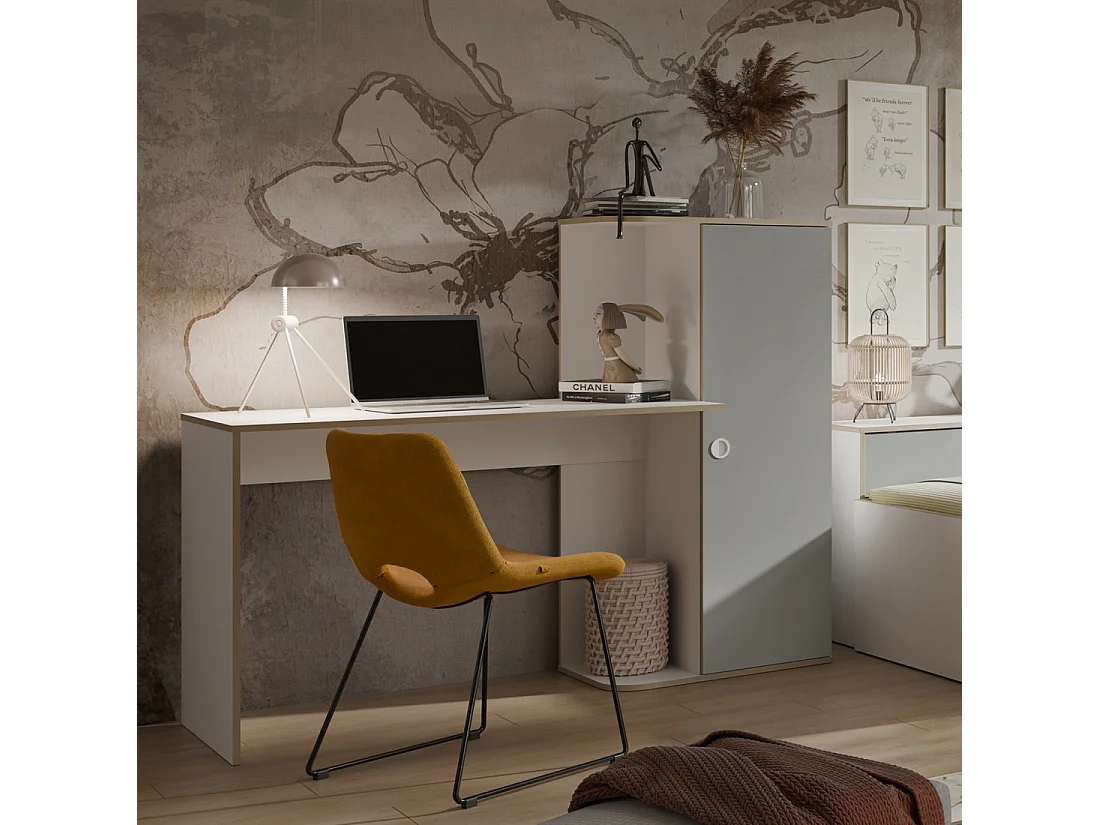 Bureau enfant ELYO – Avec colonne de rangement et 4 niches – Gris, blanc & chêne clair – 160x129x53 cm