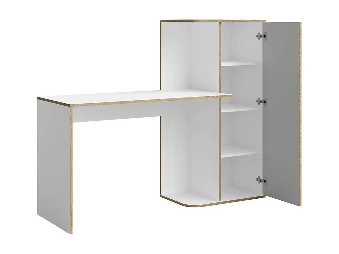 Bureau enfant ELYO – Avec colonne de rangement et 4 niches – Gris, blanc & chêne clair – 160x129x53 cm