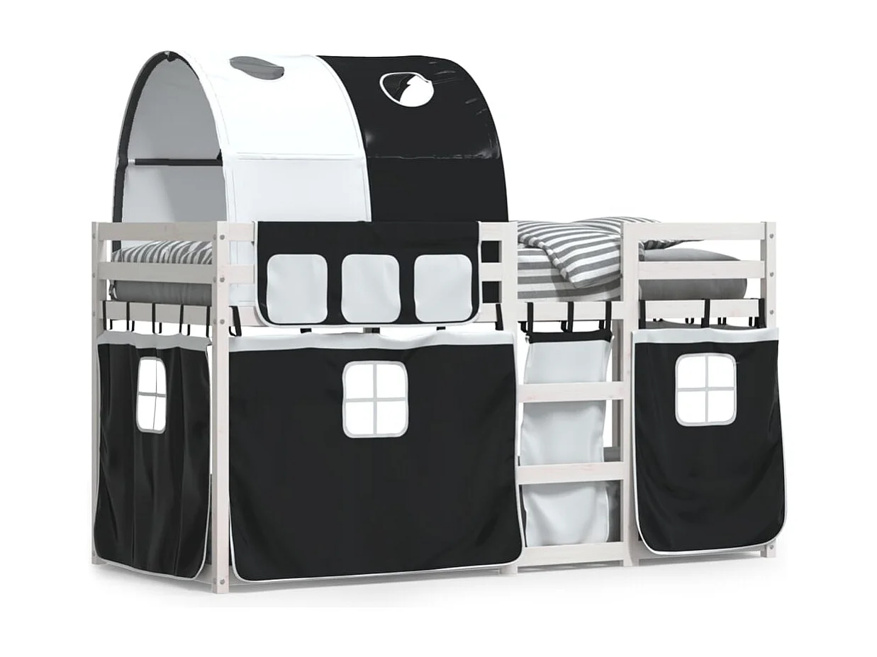 Cama individual | Litera con cortinas madera maciza pino blanco y negro 75x190 cm SHL7199