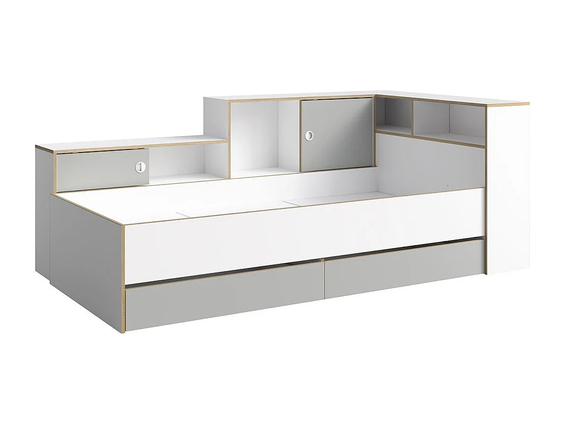 Lit enfant ELYO – 90x200 cm – Avec tiroirs, niches et étagères – Gris, blanc & chêne clair