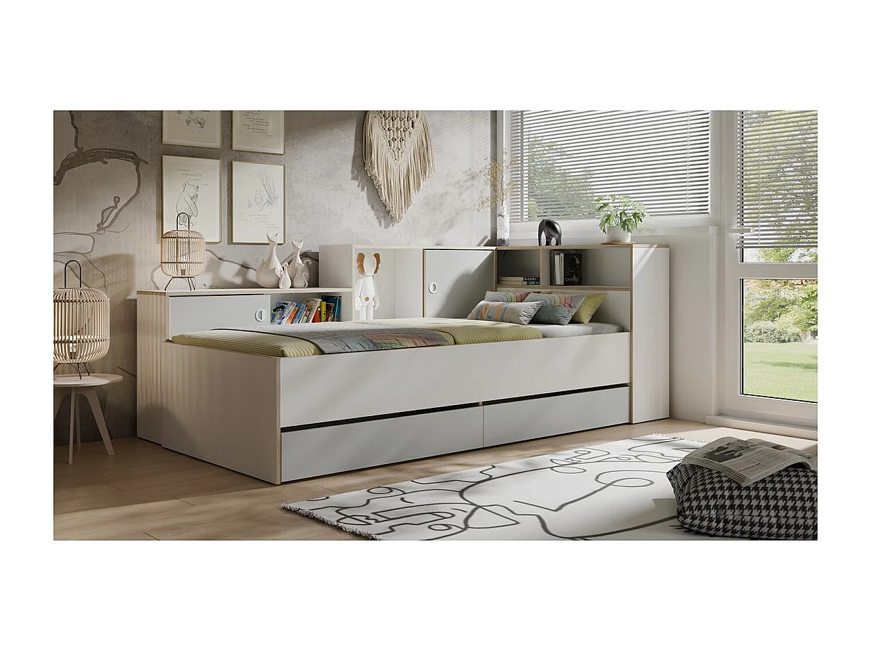 Lit enfant ELYO – 90x200 cm – Avec tiroirs, niches et étagères – Gris, blanc & chêne clair