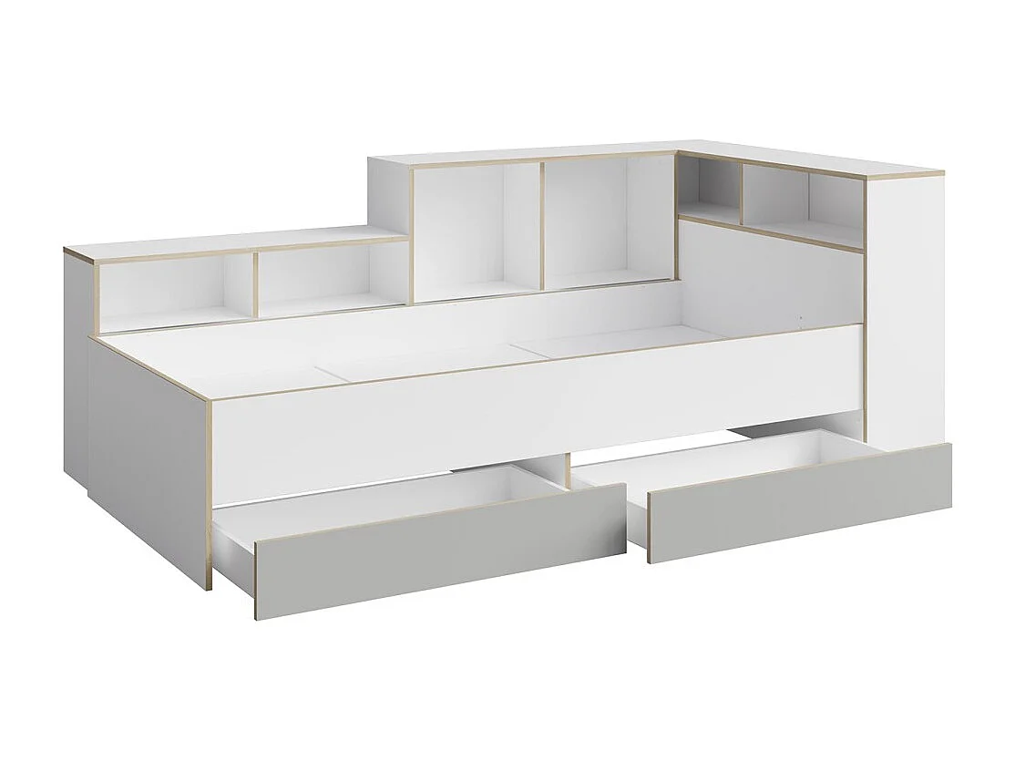 Lit enfant ELYO – 90x200 cm – Avec tiroirs, niches et étagères – Gris, blanc & chêne clair