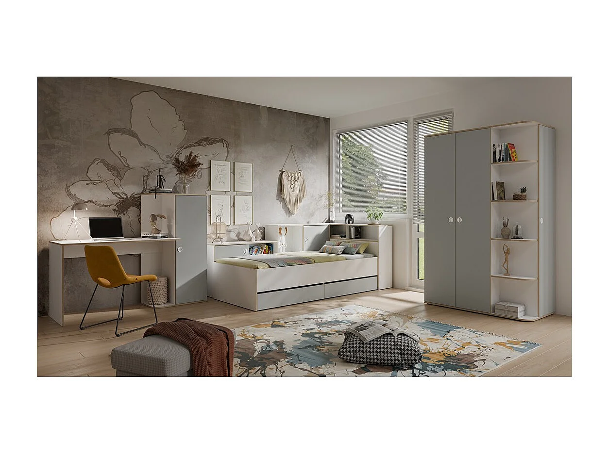 Lit enfant ELYO – 90x200 cm – Avec tiroirs, niches et étagères – Gris, blanc & chêne clair