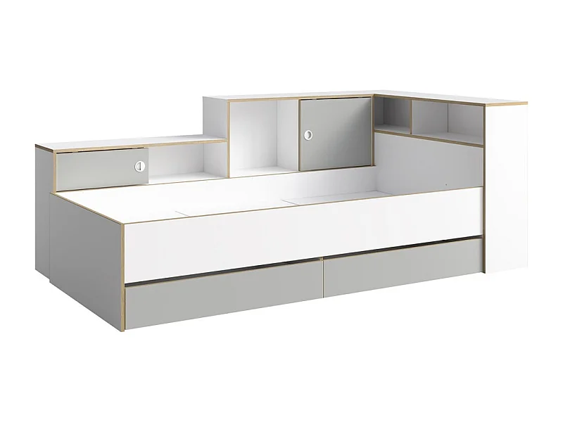 Lit enfant ELYO – 90x200 cm – Avec tiroirs, niches et étagères – Gris, blanc & chêne clair