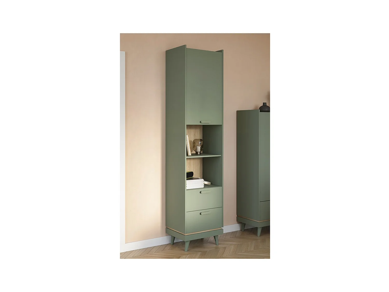 Bibliothèque NOKI – Vert et bois – 1 porte + 2 tiroirs style scandinave