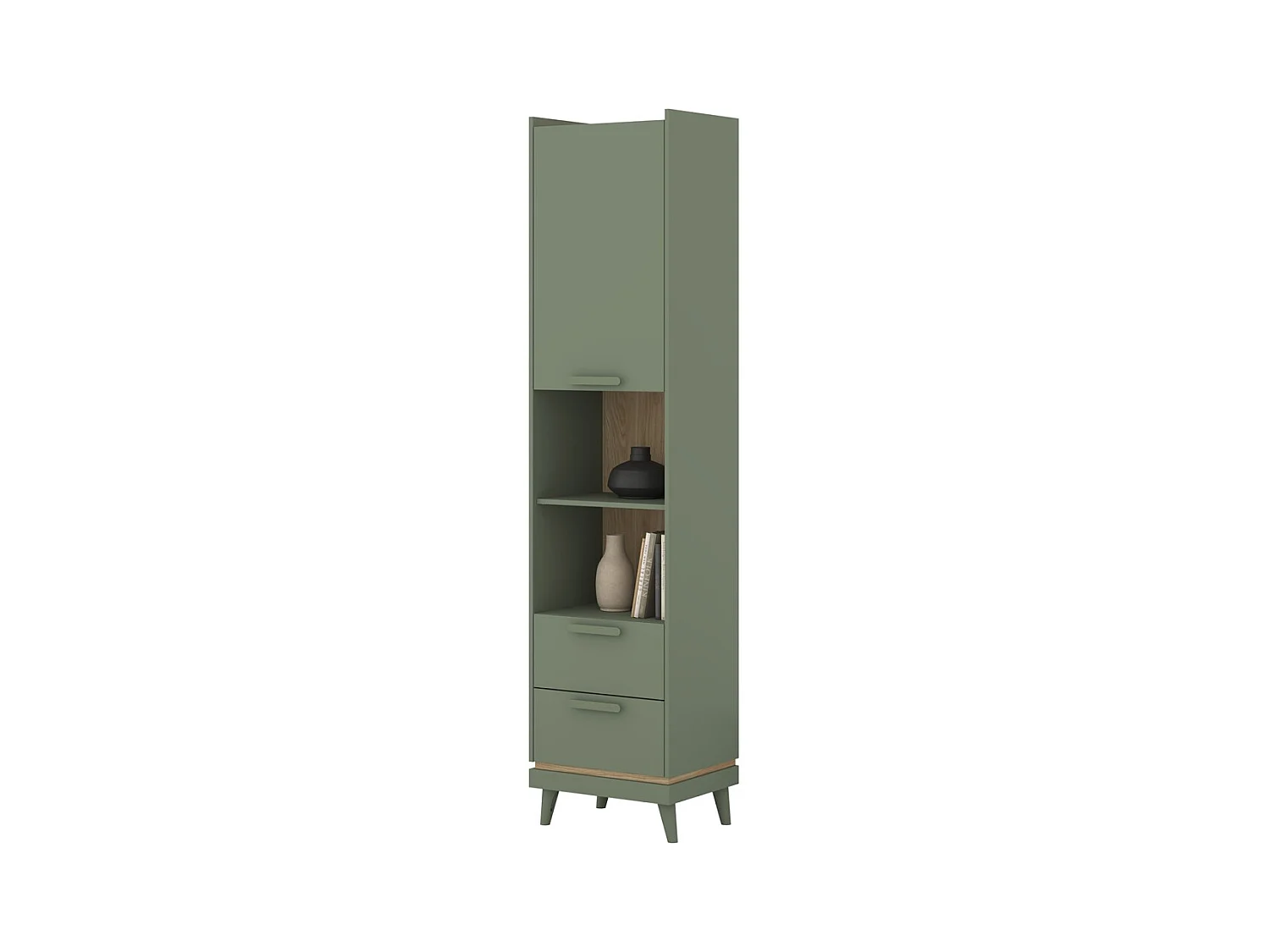 Bibliothèque NOKI – Vert et bois – 1 porte + 2 tiroirs style scandinave