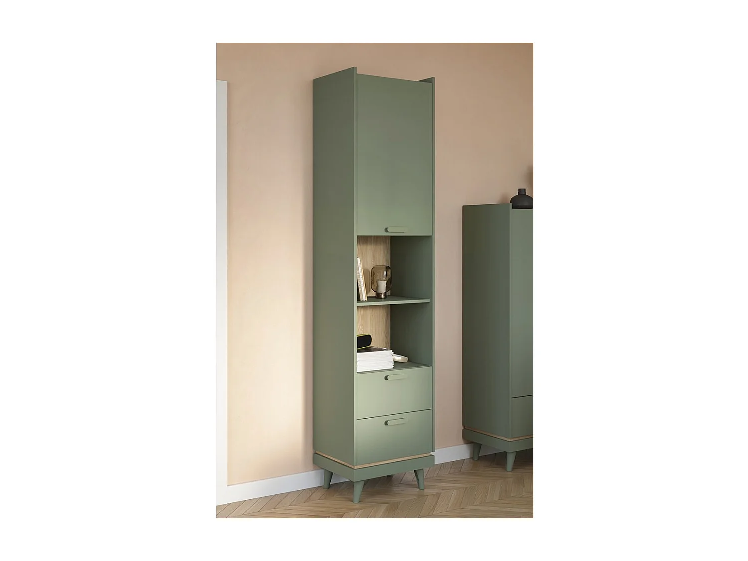 Bibliothèque NOKI – Vert et bois – 1 porte + 2 tiroirs style scandinave