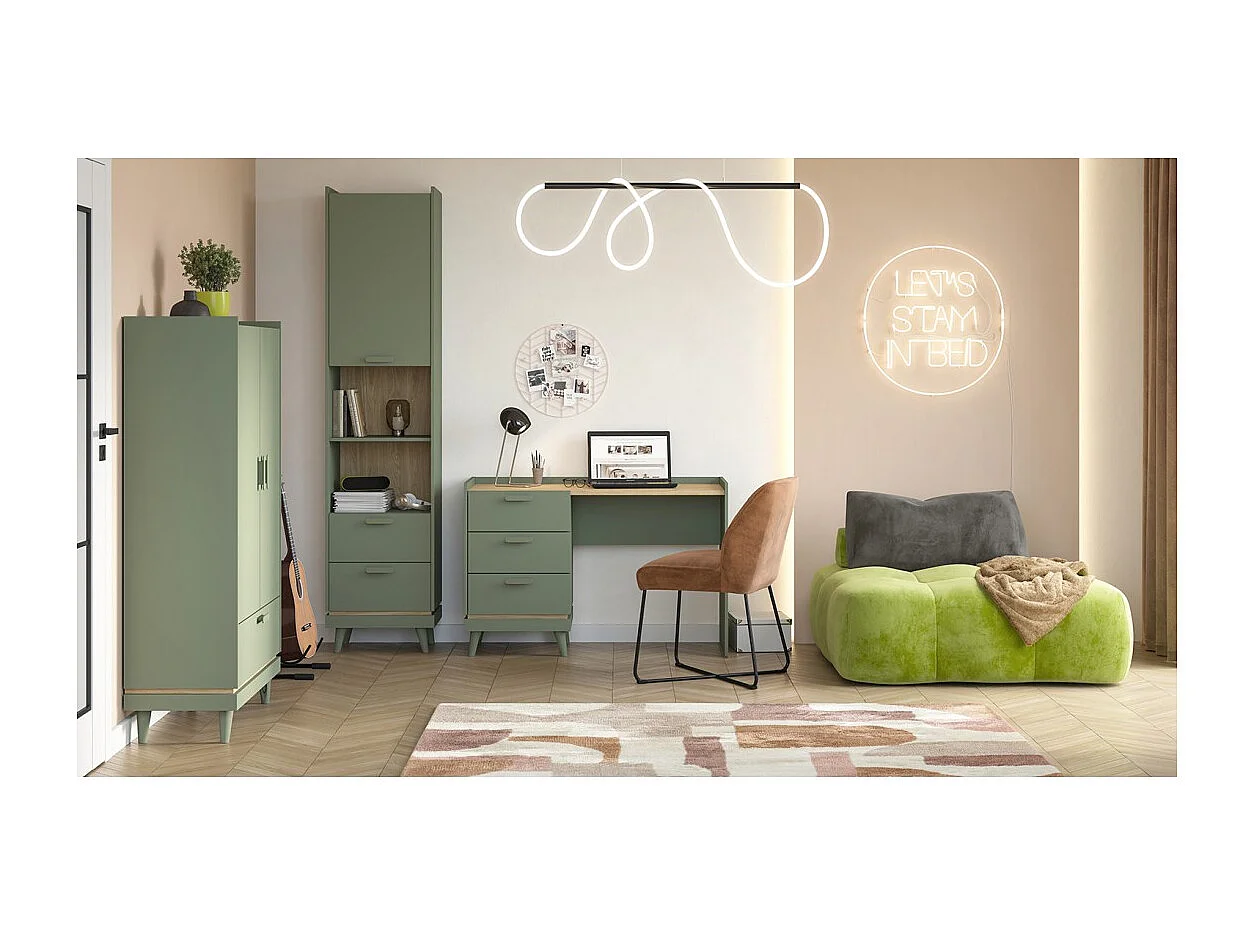 Bibliothèque NOKI – Vert et bois – 1 porte + 2 tiroirs style scandinave