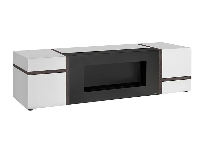 Meuble TV CRISS avec cheminée bio-éthanol – Blanc brillant – L150 cm