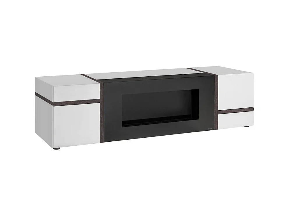 Meuble TV CRISS avec cheminée bio-éthanol – Blanc brillant – L150 cm