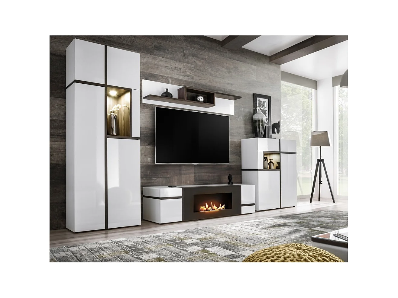 Meuble TV CRISS avec cheminée bio-éthanol – Blanc brillant – L150 cm