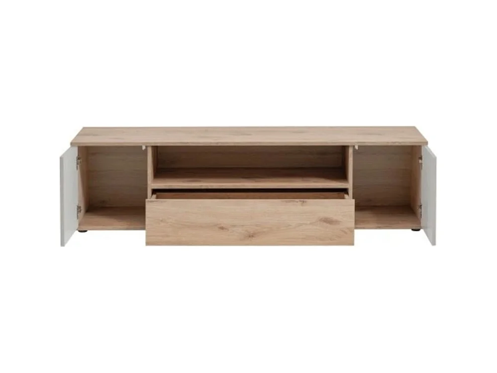 Meuble TV ERINA – 2 portes et 1 tiroir – Chêne clair et beige – 160 cm