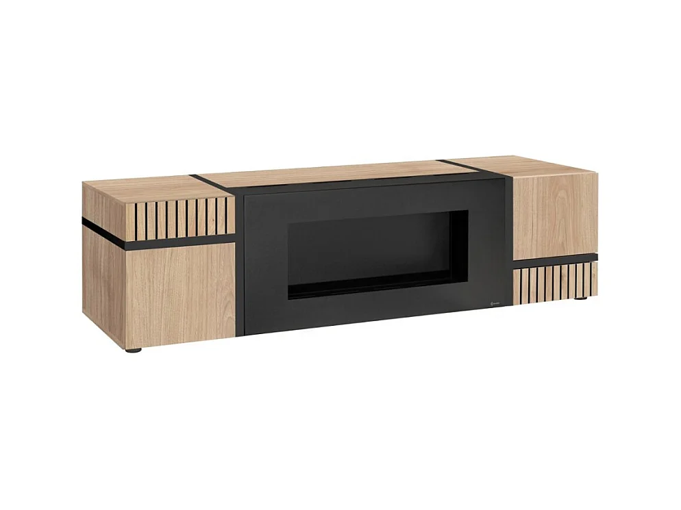 Meuble TV CRISS avec cheminée bio-éthanol – 2 portes – L150 cm – Chêne clair et noir