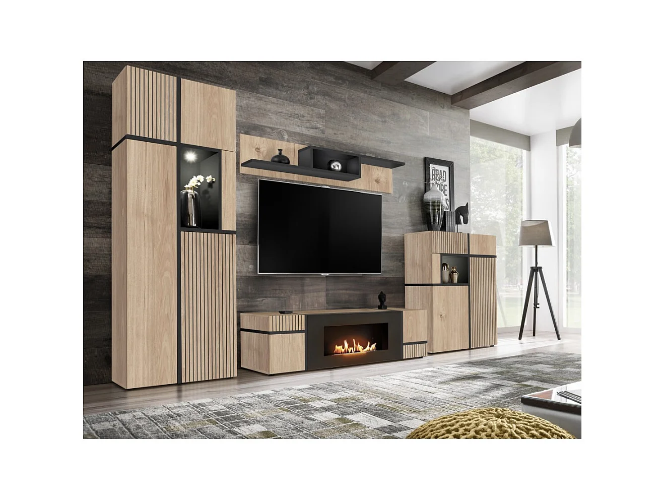 Meuble TV CRISS avec cheminée bio-éthanol – 2 portes – L150 cm – Chêne clair et noir