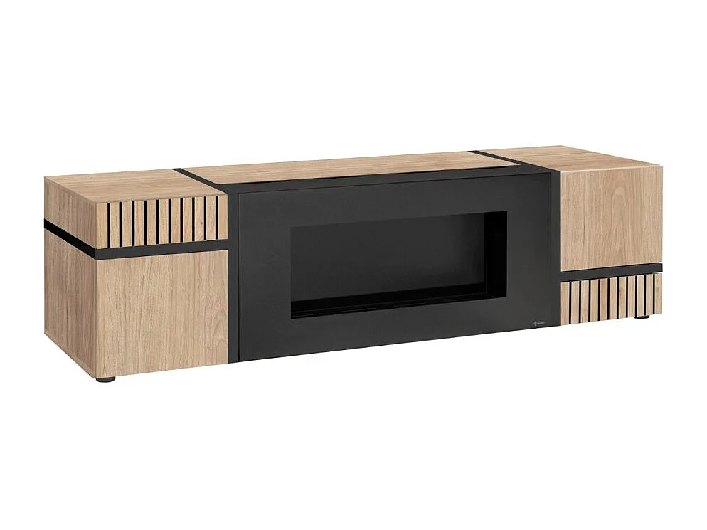 Meuble TV CRISS avec cheminée bio-éthanol – 2 portes – L150 cm – Chêne clair et noir