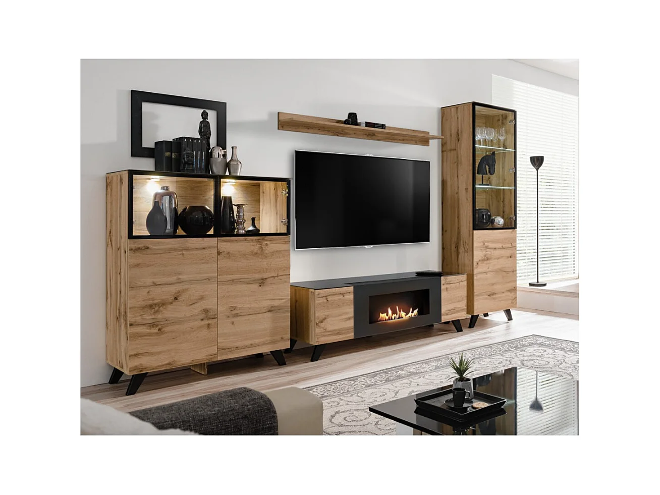 Meuble TV TINO avec cheminée bio-éthanol – Chêne Wotan et noir – L150 cm