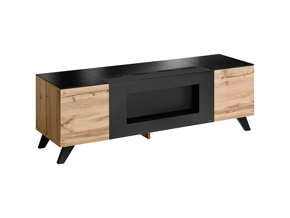 Meuble TV TINO avec cheminée bio-éthanol – Chêne Wotan et noir – L150 cm