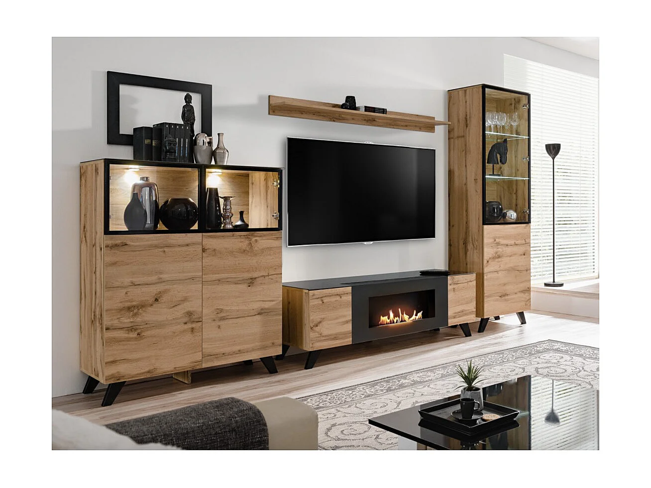 Meuble TV TINO avec cheminée bio-éthanol – Chêne Wotan et noir – L150 cm