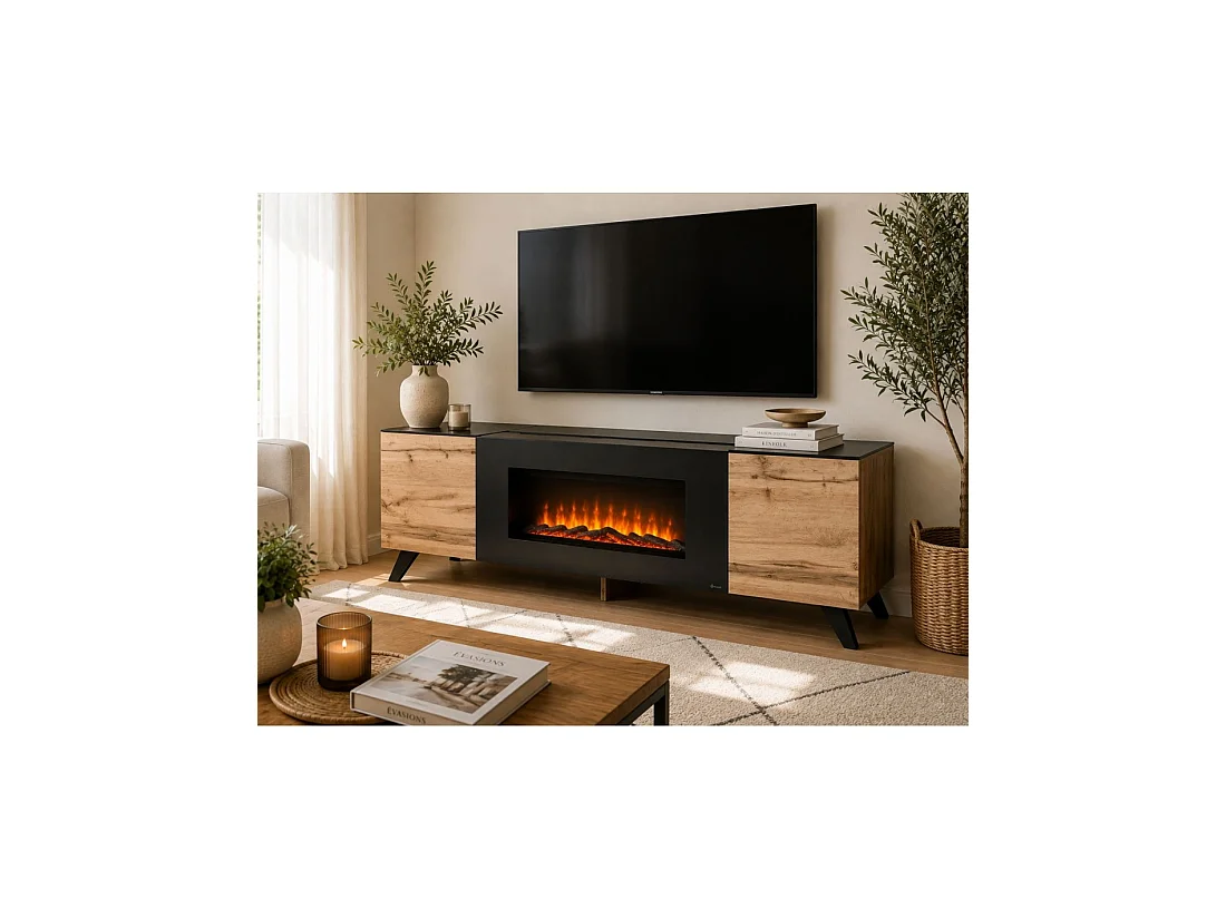 Meubel TV TINO met bio-ethanol haard – Wotan eiken en zwart – L150 cm