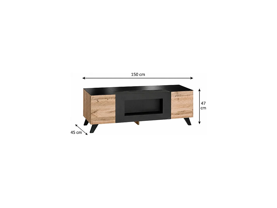 Meubel TV TINO met bio-ethanol haard – Wotan eiken en zwart – L150 cm