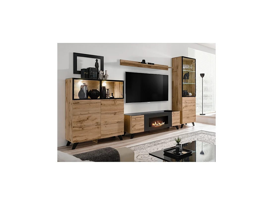 Meubel TV TINO met bio-ethanol haard – Wotan eiken en zwart – L150 cm