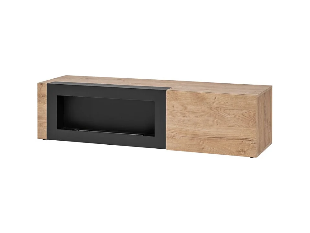 Meuble TV DOUM – Chêne clair et noir – Avec cheminée bio-éthanol – L160 x H42 x P45 cm