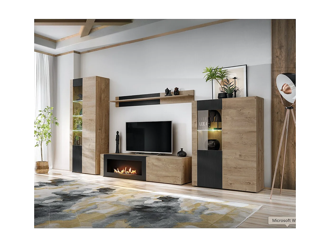 Meuble TV DOUM – Chêne clair et noir – Avec cheminée bio-éthanol – L160 x H42 x P45 cm