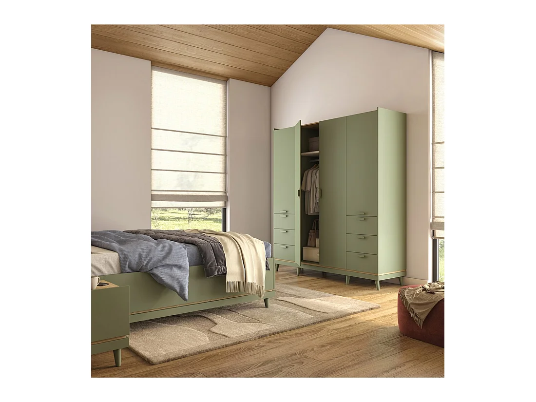 Armoire NOKI – 4 portes vert et bois – Style scandinave