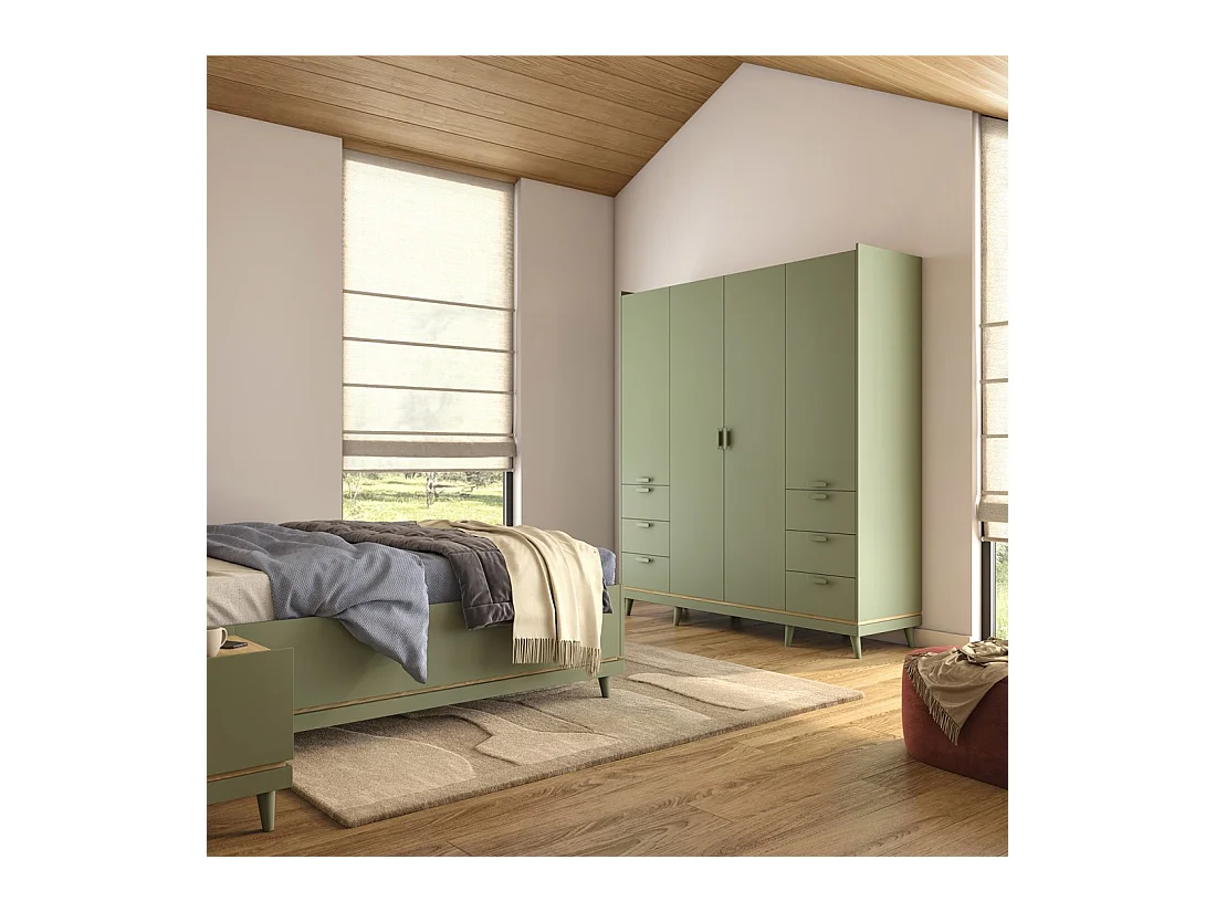 Armoire NOKI – 4 portes vert et bois – Style scandinave