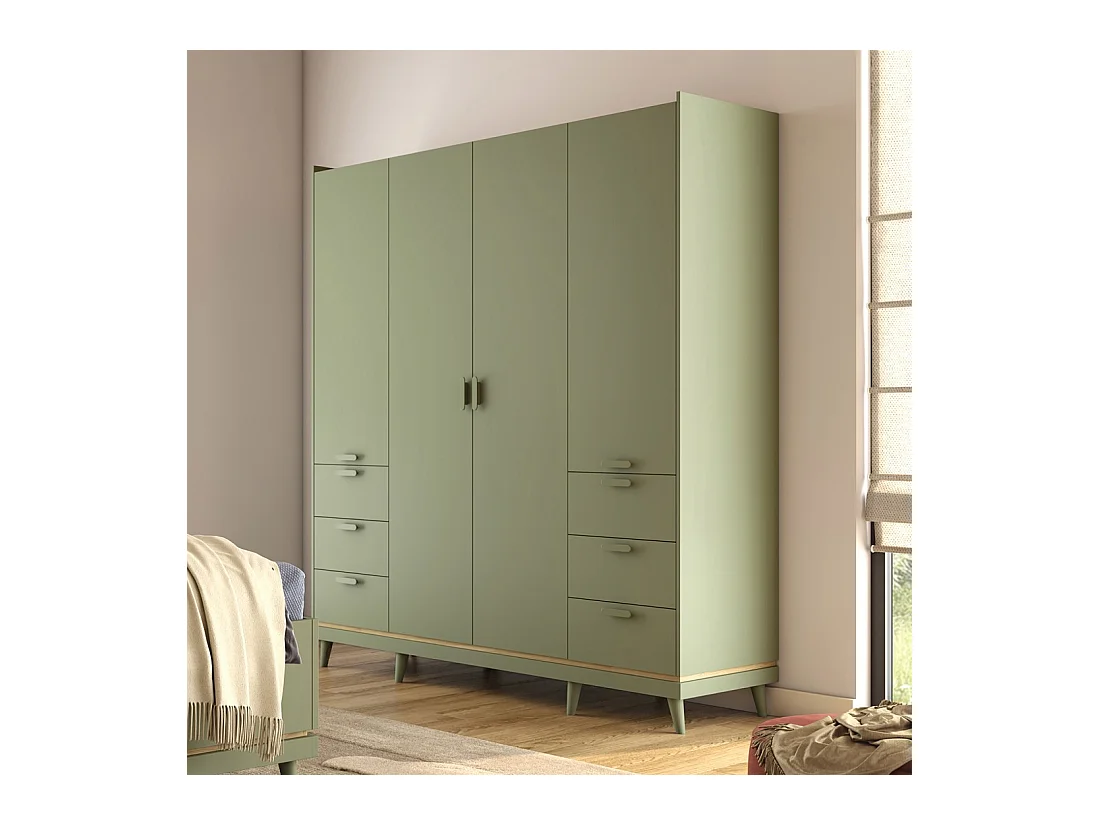 Armoire NOKI – 4 portes vert et bois – Style scandinave