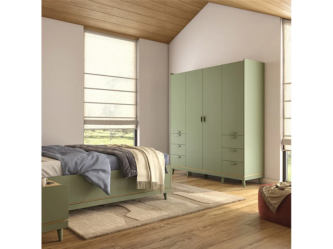 Schrank NOKI – 4 Türen grün und Holz – Skandinavischer Stil