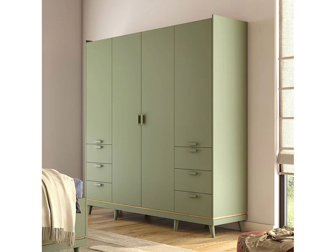 Schrank NOKI – 4 Türen grün und Holz – Skandinavischer Stil