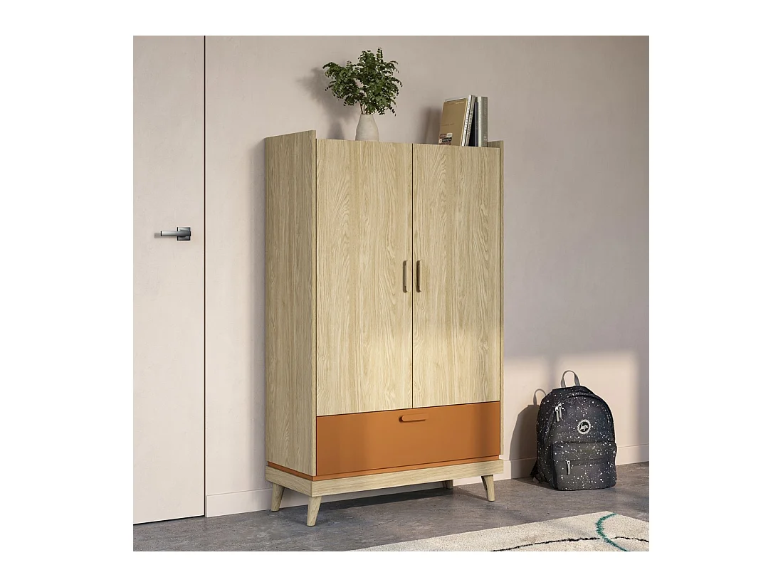 Armoire de rangement NOKI – 2 portes + 1 tiroir chêne clair et moka – Style scandinave