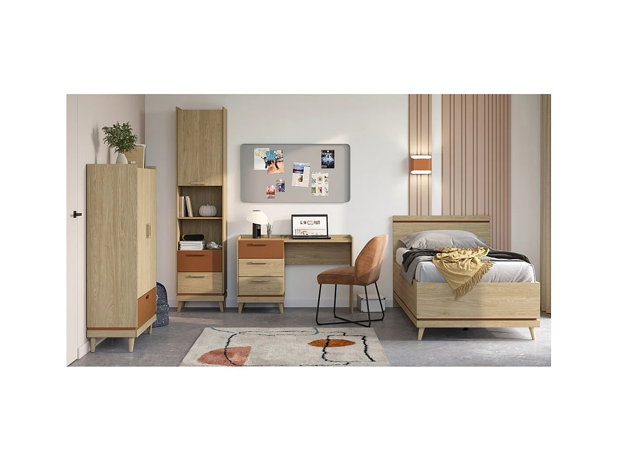 Armoire de rangement NOKI – 2 portes + 1 tiroir chêne clair et moka – Style scandinave