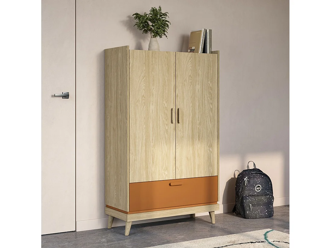 Armoire de rangement NOKI – 2 portes + 1 tiroir chêne clair et moka – Style scandinave