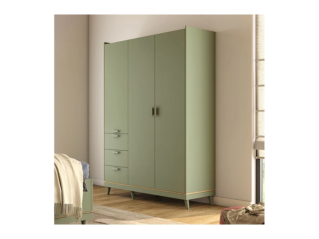 Armoire NOKI – 3 portes vert et bois – Style scandinave