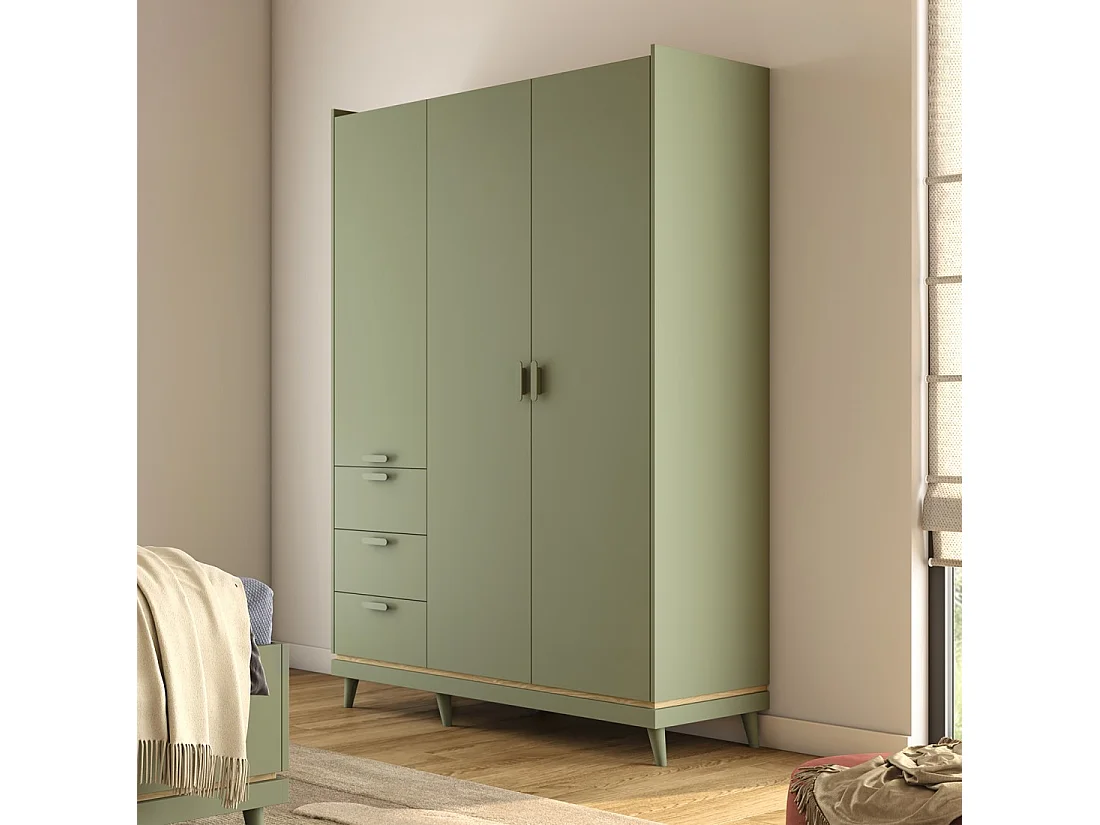 Schrank NOKI – 3 Türen grün und Holz – Skandinavischer Stil