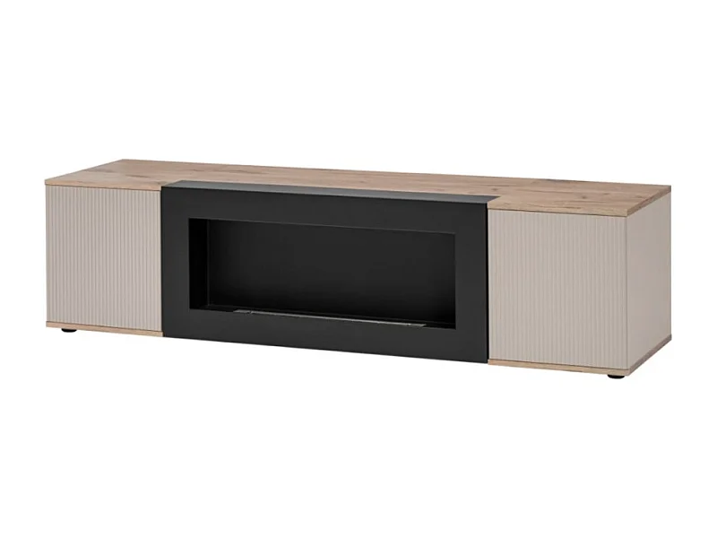 Meuble TV ERINA avec cheminée bio-éthanol intégrée – Chêne clair et beige – 160 cm