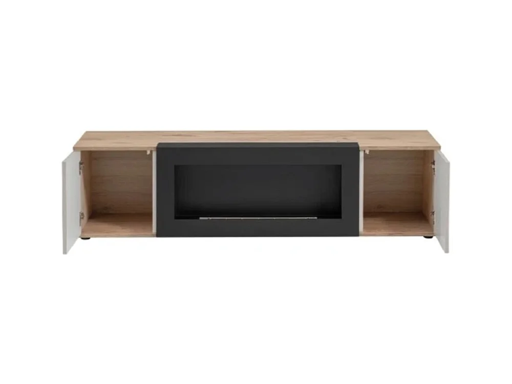 Meuble TV ERINA avec cheminée bio-éthanol intégrée – Chêne clair et beige – 160 cm