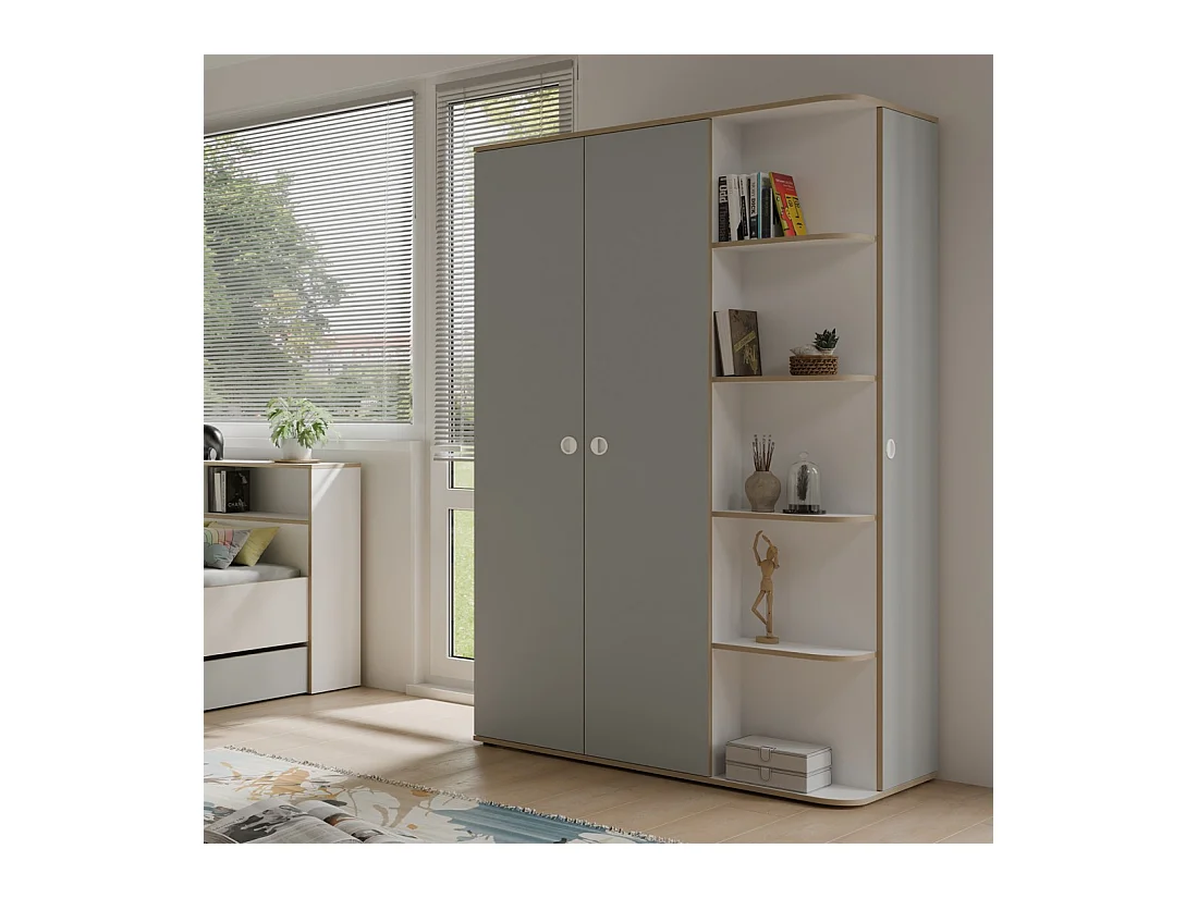 Armoire enfant ELYO – 3 portes + bibliothèque en façade – Gris & chêne
