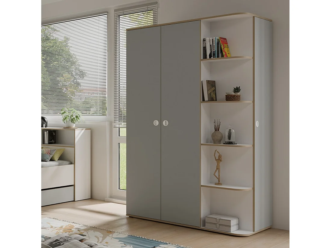 Armoire enfant ELYO – 3 portes + bibliothèque en façade – Gris & chêne