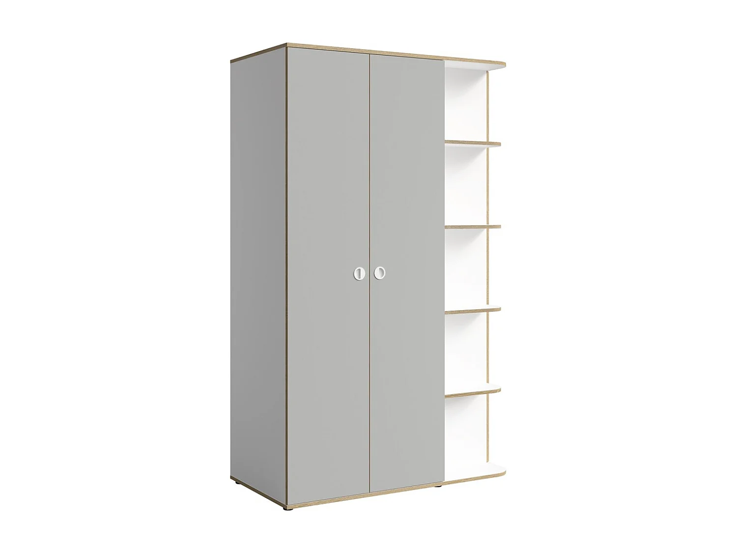 Armoire enfant ELYO – 3 portes + bibliothèque en façade – Gris & chêne