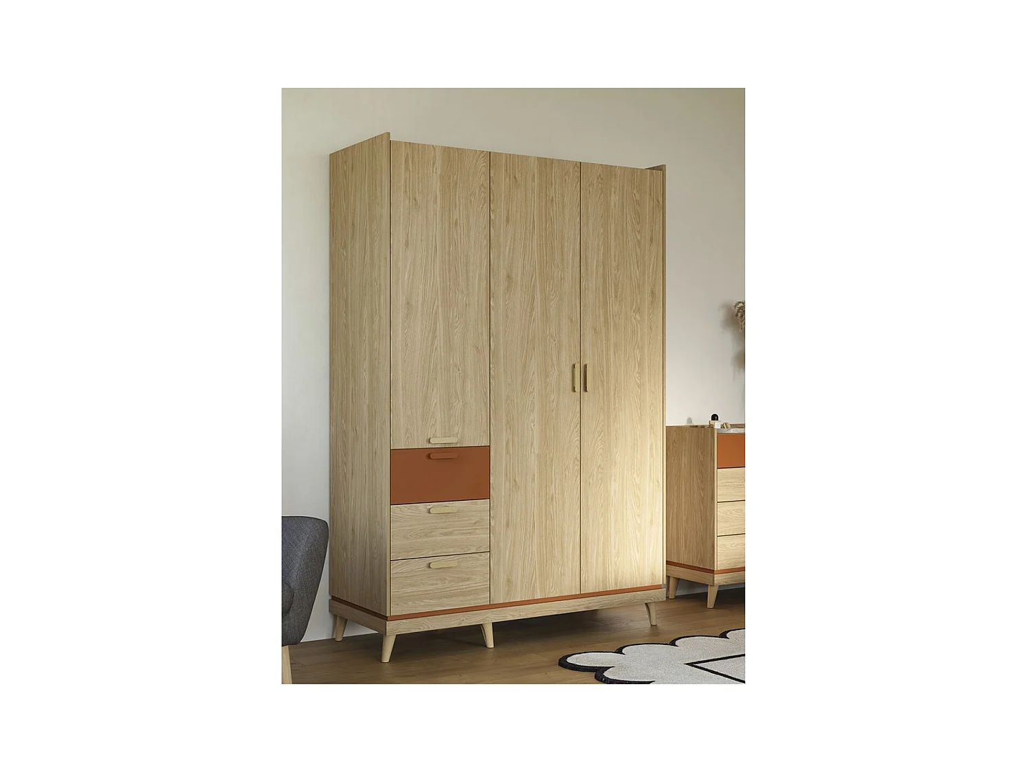 Armoire NOKI – 3 portes chêne clair et moka – Style scandinave