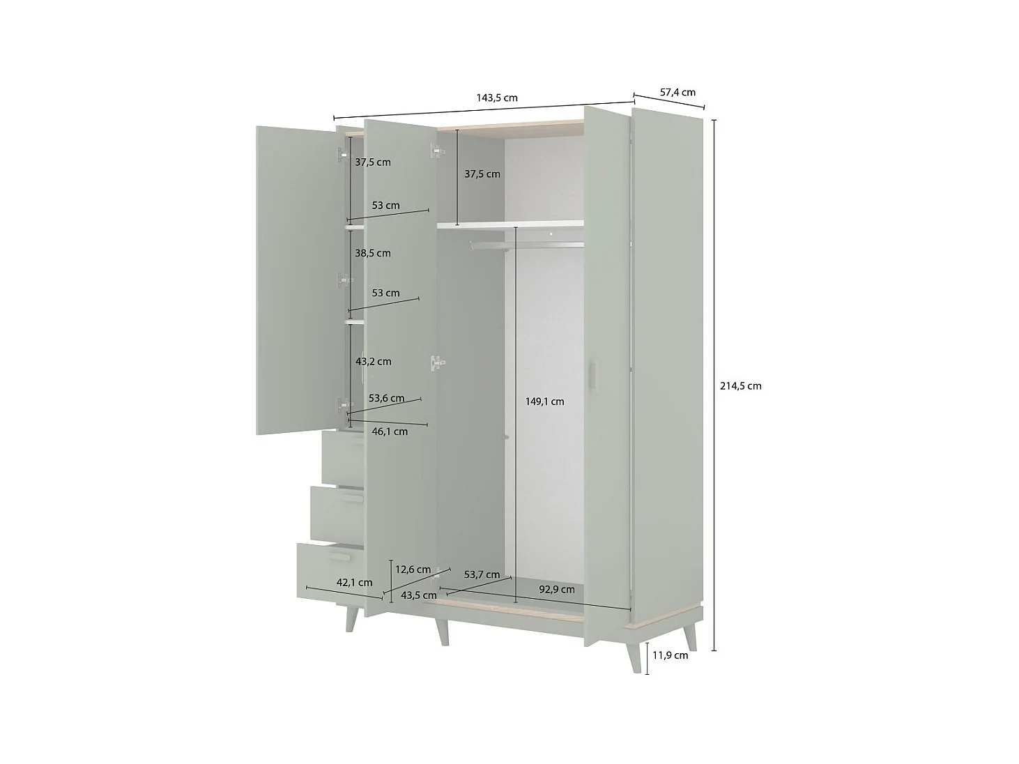 Armoire NOKI – 3 portes chêne clair et moka – Style scandinave