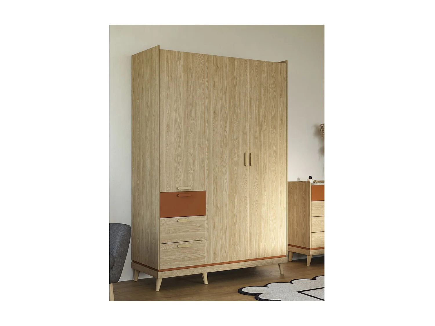 Armoire NOKI – 3 portes chêne clair et moka – Style scandinave